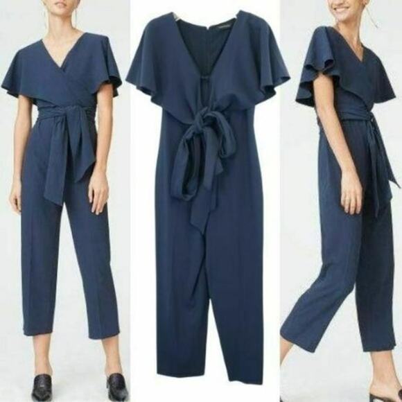 Club Monaco Catalenah Ruffle Tie Waist Jumpsuit Flutter Sleeve Navy Blue - Picture 3 of 13